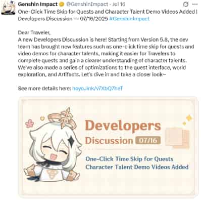 How to check Genshin Impact 5.8 Livestream time & One-Click Time Skip For Quest ID